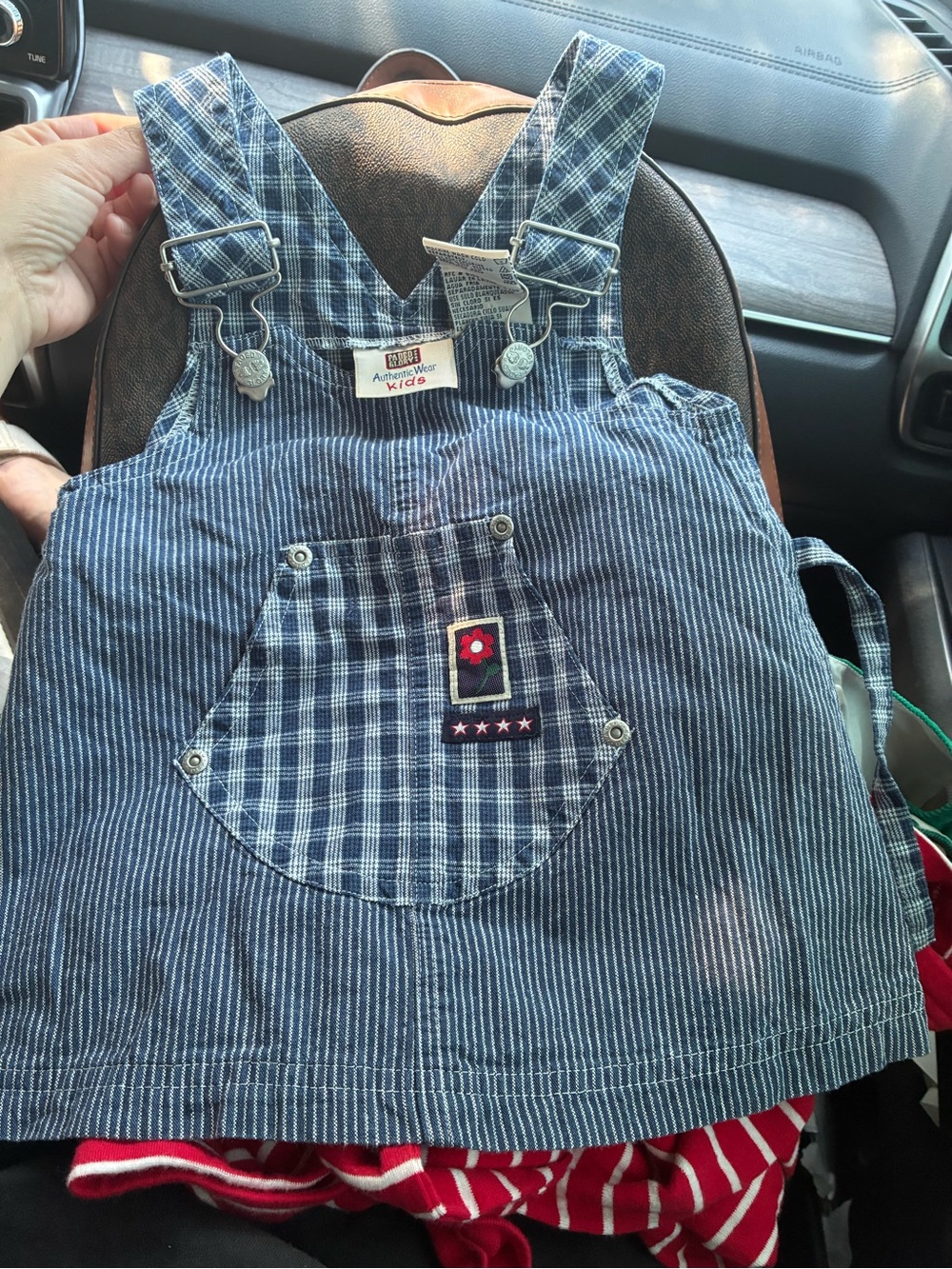 Faded Glory Blue Pinstripe & Plaid Bib Dress with Flower Patch